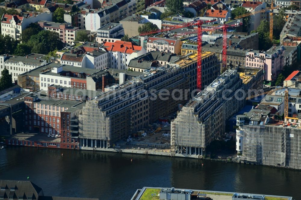 Aerial image Berlin - Construction site to build a new office and commercial building CUVRY CAMPUS on Cuvrystrasse - Schlesische Strasse in the district Kreuzberg in Berlin, Germany