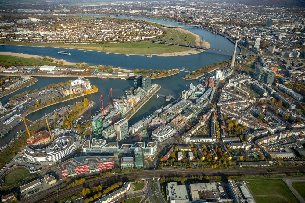 Aerial image Düsseldorf - Construction site to build a new office and commercial building FLOAT between Franzsiusstrasse and Holzstrasse in Duesseldorf in the state North Rhine-Westphalia, Germany
