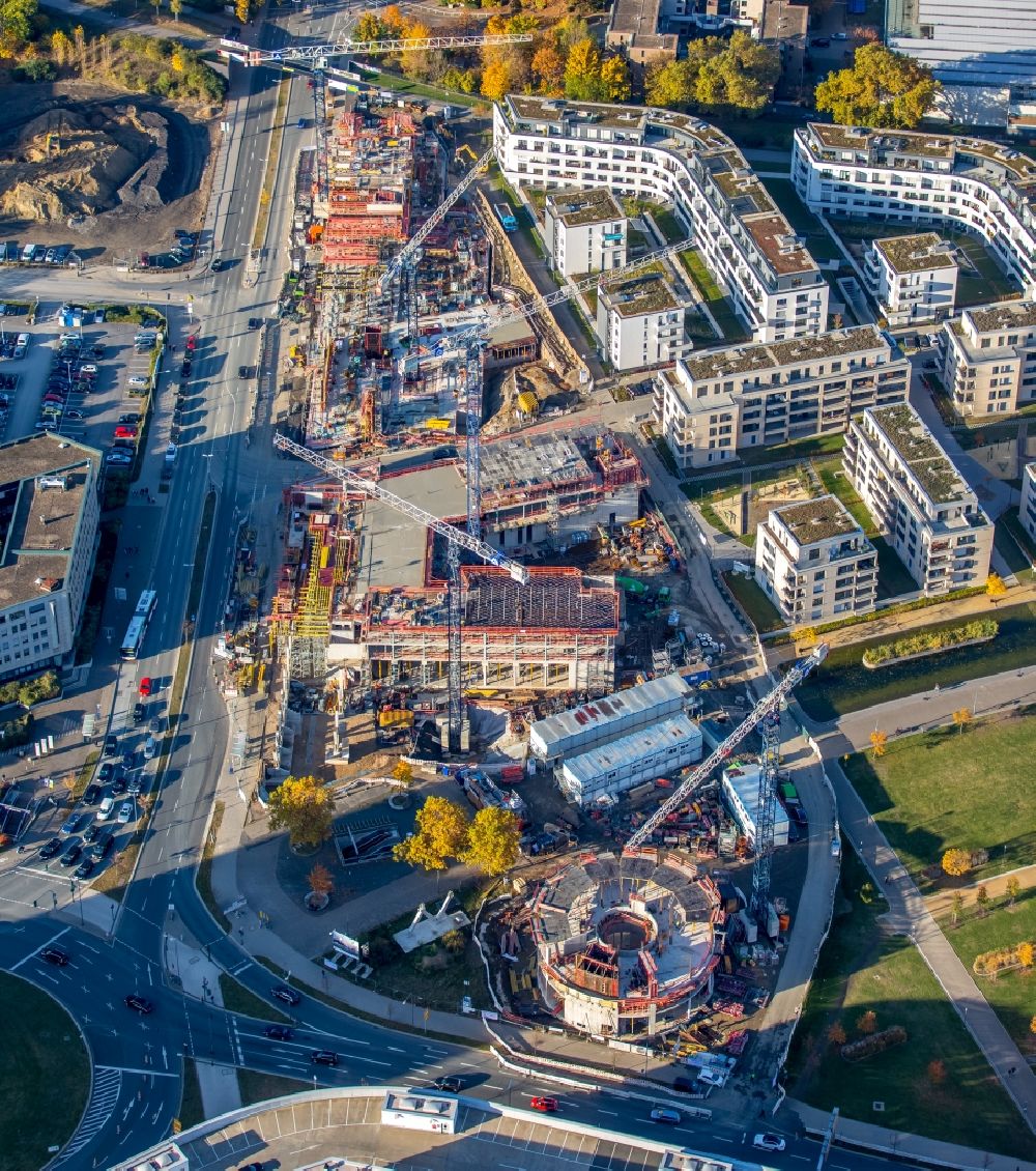 Essen from above - Construction site to build a new head office of the Funke media group in the Segerothstrasse in Essen in the state North Rhine-Westphalia