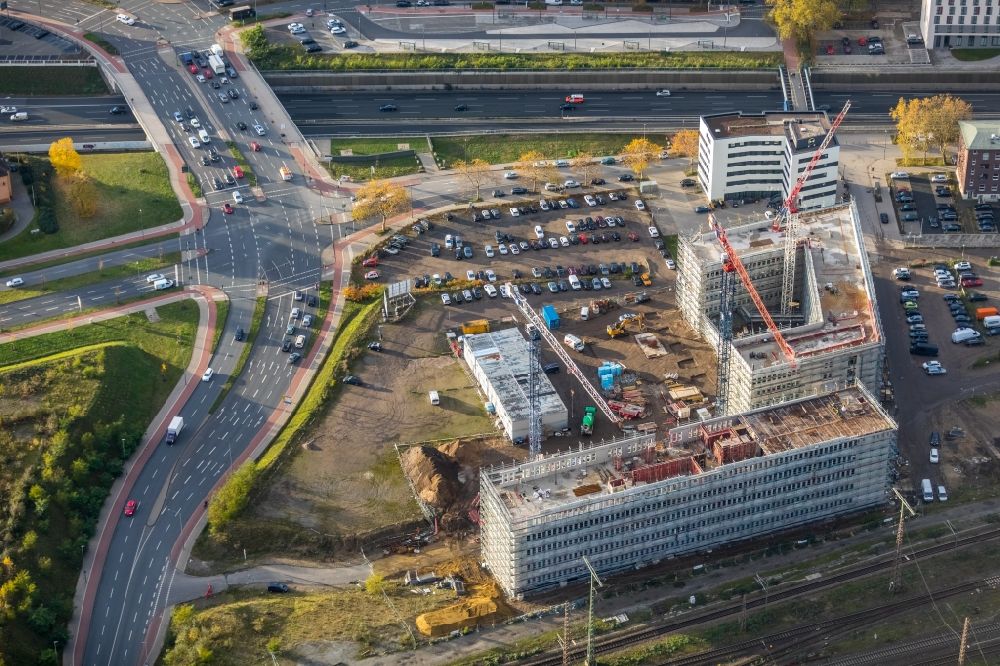 Duisburg from above - Construction site to build a new office and commercial building Koloniestrasse - Wuhanstrasse in Duisburg in the state North Rhine-Westphalia, Germany