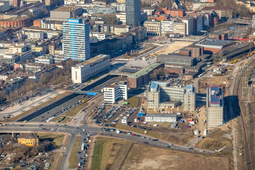 Duisburg from the bird's eye view: Construction site to build a new office and commercial building Koloniestrasse - Wuhanstrasse in Duisburg in the state North Rhine-Westphalia, Germany