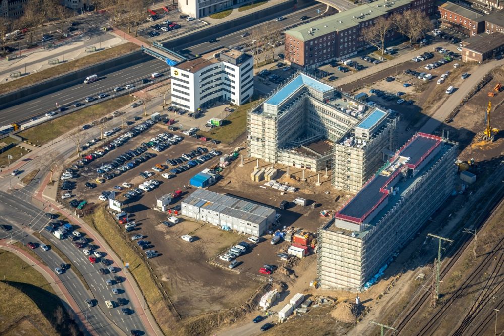 Duisburg from above - Construction site to build a new office and commercial building Koloniestrasse - Wuhanstrasse in Duisburg in the state North Rhine-Westphalia, Germany