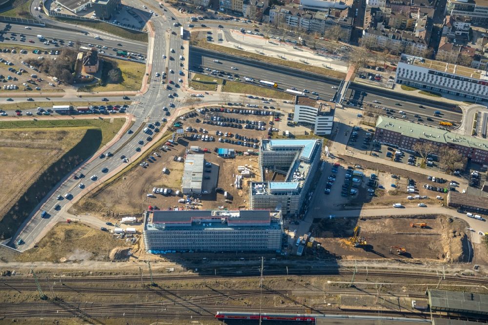 Aerial image Duisburg - Construction site to build a new office and commercial building Koloniestrasse - Wuhanstrasse in Duisburg in the state North Rhine-Westphalia, Germany