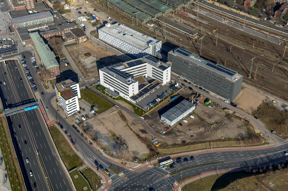 Aerial image Duisburg - Construction site to build a new office and commercial building Koloniestrasse - Wuhanstrasse in Duisburg in the state North Rhine-Westphalia, Germany