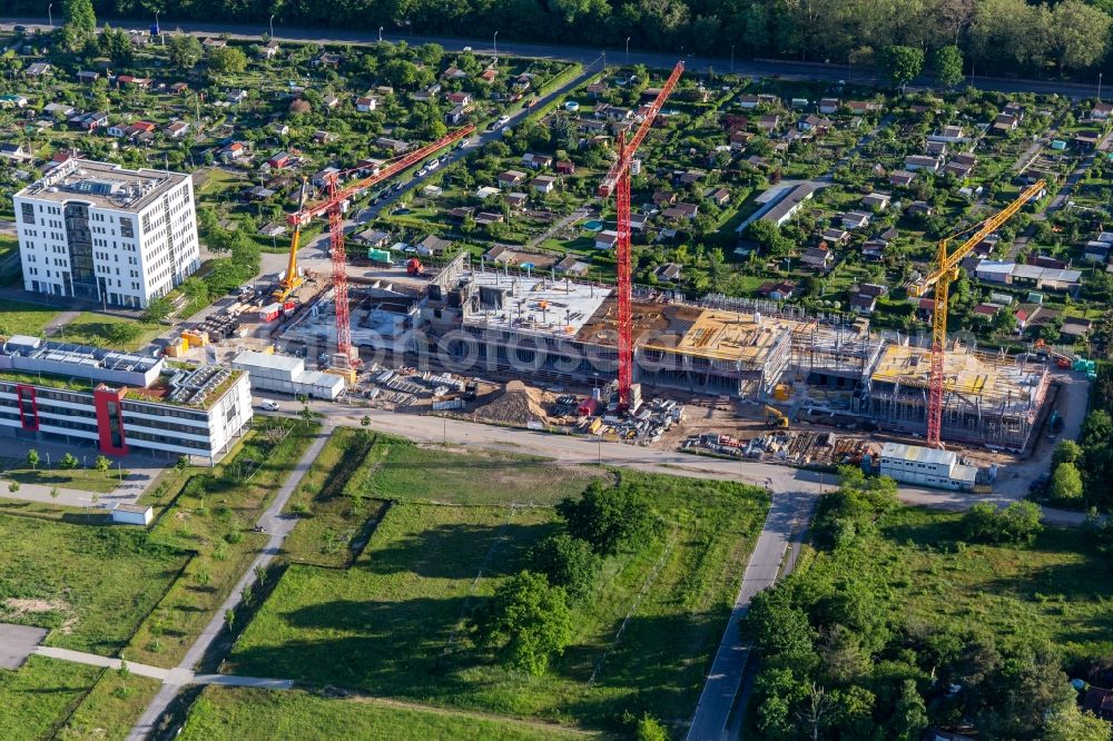 Karlsruhe from the bird's eye view: Construction site for the new building of a research building of Vector Informatik GmbH in the Emmy-Noether-Street in the technology-park Karlsruhe in the district Rintheim in Karlsruhe in the state Baden-Wuerttemberg, Germany