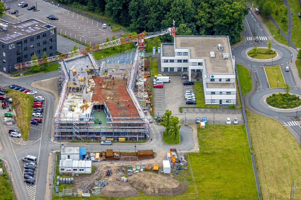 Aerial image Bochum - Construction site for the new building of an Office building - Ensemble Buerohauses of Firma Cosinex on street Gesundheitscampus-Sued in the district Querenburg in Bochum at Ruhrgebiet in the state North Rhine-Westphalia, Germany