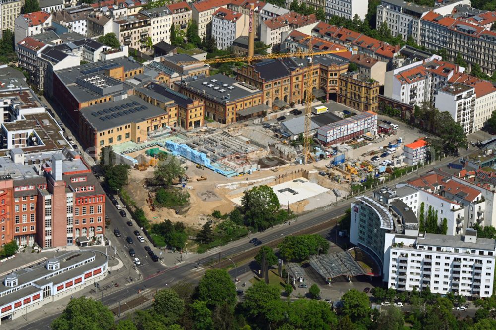 Berlin from above - Construction site for the new building Boetzow Campus on the site of the former Boetzow brewery on the street Prenzlauer Allee in the district Prenzlauer Berg in Berlin, Germany