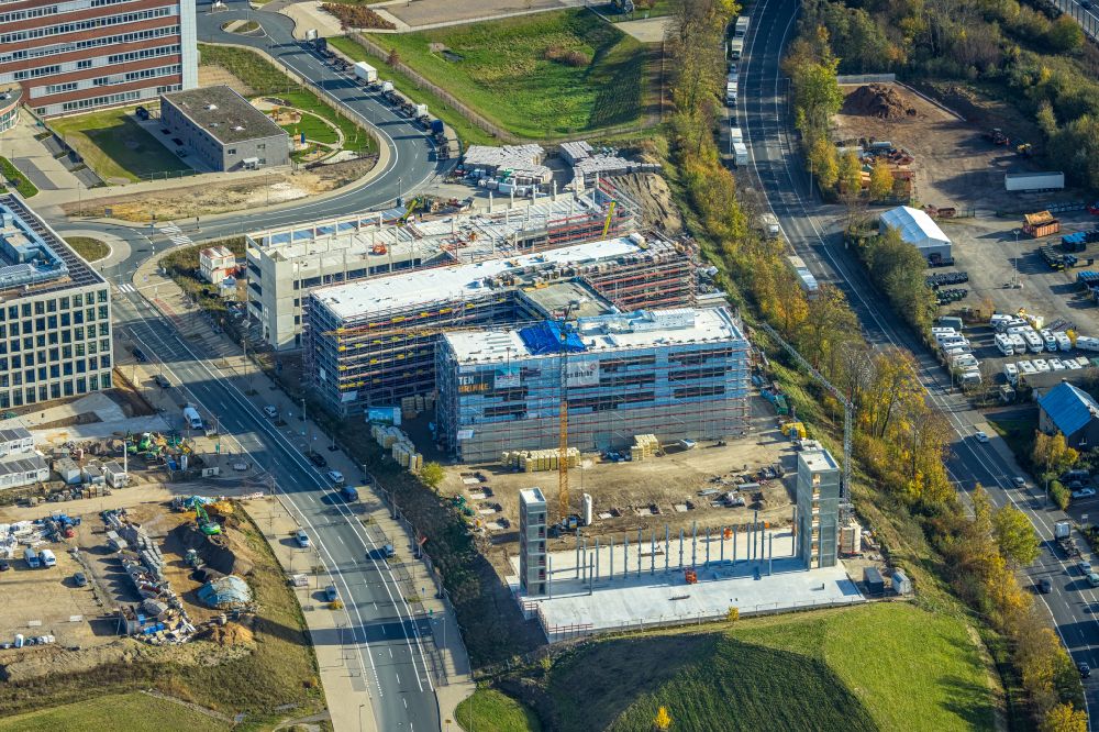 Bochum from the bird's eye view: Construction site for the new building of an Office building - Ensemble O-Werk- Campus on street Suttner-Nobel-Allee in the district Laer in Bochum at Ruhrgebiet in the state North Rhine-Westphalia, Germany