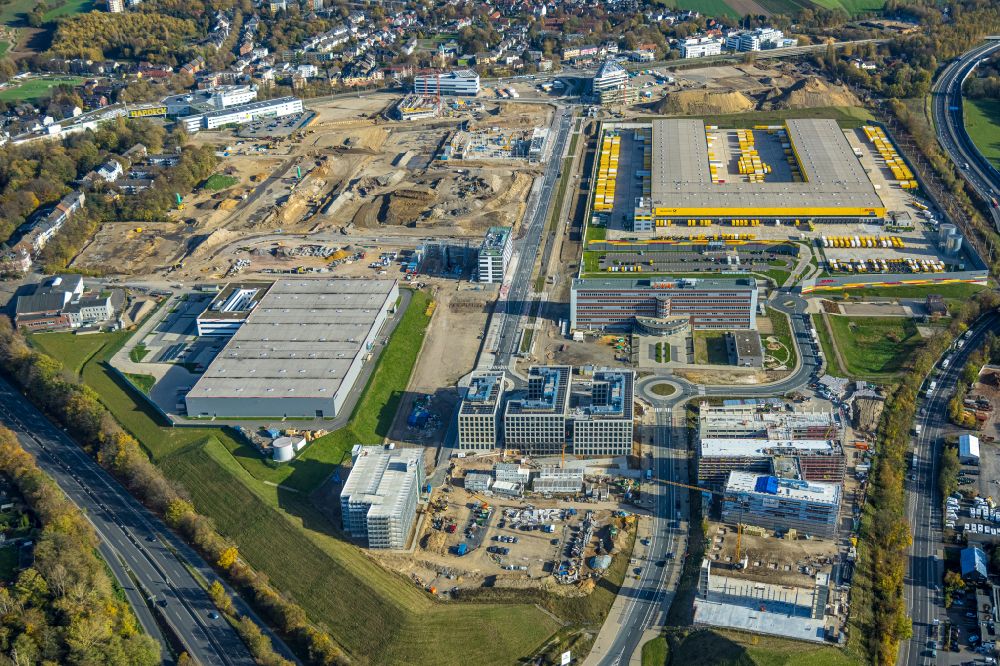 Aerial photograph Bochum - Construction site for the new building of an Office building - Ensemble O-Werk- Campus on street Suttner-Nobel-Allee in the district Laer in Bochum at Ruhrgebiet in the state North Rhine-Westphalia, Germany