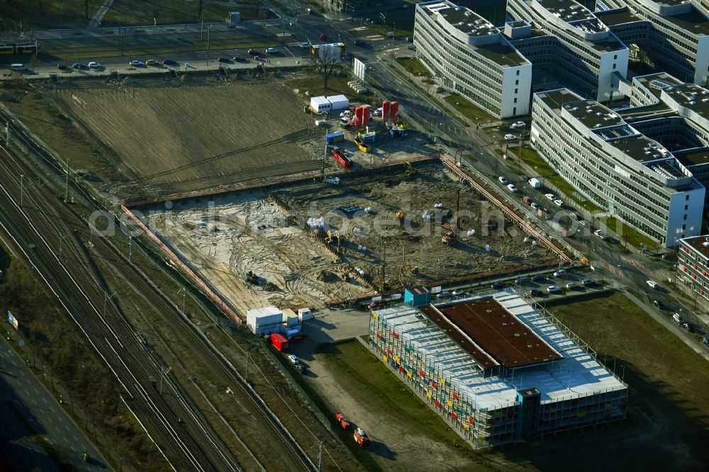 Aerial photograph Berlin - Construction site for the new building of Campus-Hotel Adlershof on Wagner-Regeny-Strasse in the district Treptow-Koepenick in Berlin, Germany