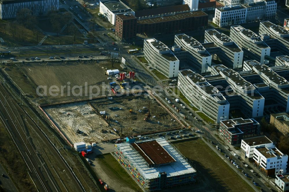 Berlin from the bird's eye view: Construction site for the new building of Campus-Hotel Adlershof on Wagner-Regeny-Strasse in the district Treptow-Koepenick in Berlin, Germany
