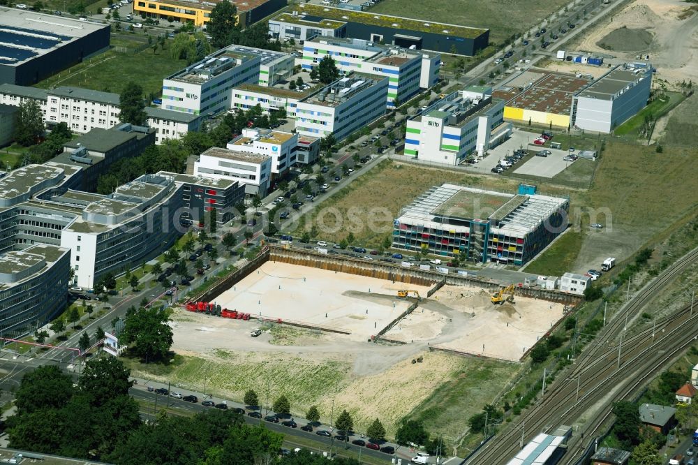 Aerial photograph Berlin - Construction site for the new building of Campus-Hotel Adlershof on Wagner-Regeny-Strasse in the district Treptow-Koepenick in Berlin, Germany