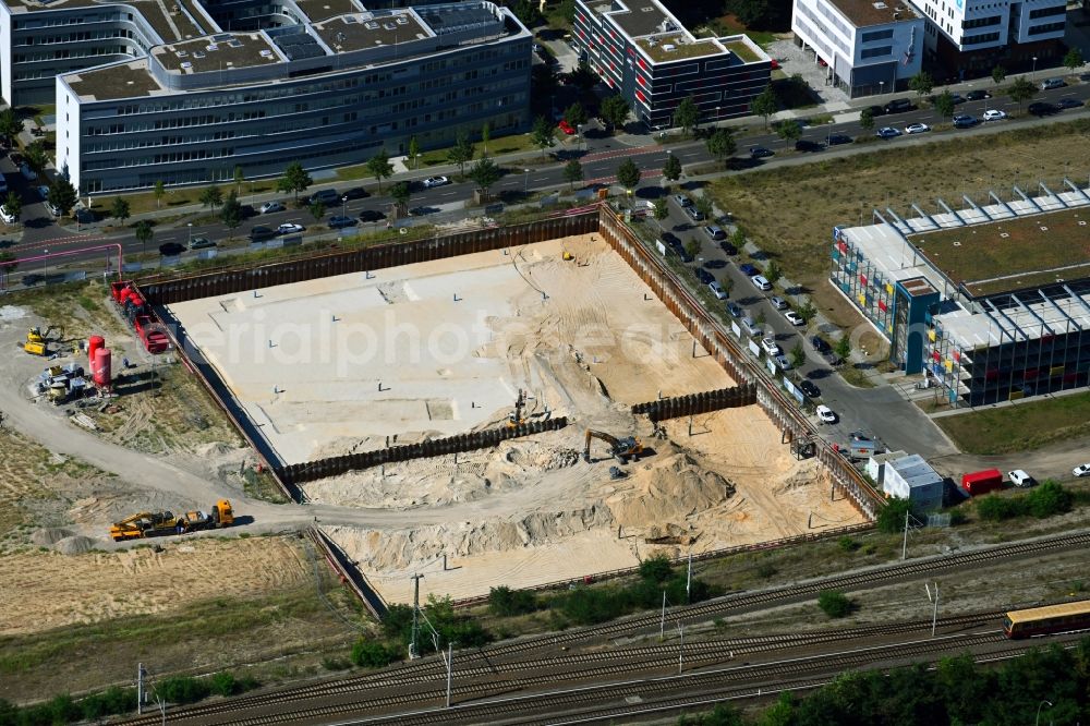 Aerial image Berlin - Construction site for the new building of Campus-Hotel Adlershof on Wagner-Regeny-Strasse in the district Treptow-Koepenick in Berlin, Germany