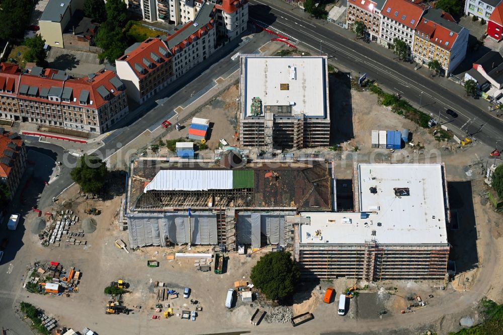 Leipzig from above - Construction site for the new building Campus Quartiersschule Oberschule - oeffentliche Einrichtungen in of Ihmelsstrasse - Wurzner Strasse - Kroenerstrasse in the district Sellerhausen in Leipzig in the state Saxony, Germany