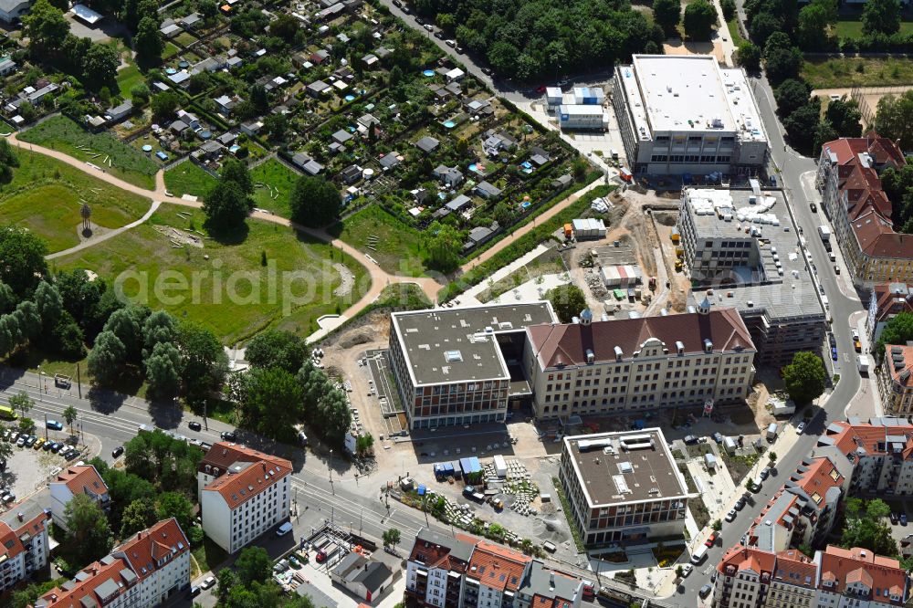 Aerial photograph Leipzig - Construction site for the new building Campus Quartiersschule Oberschule - oeffentliche Einrichtungen in of Ihmelsstrasse - Wurzner Strasse - Kroenerstrasse in the district Sellerhausen in Leipzig in the state Saxony, Germany