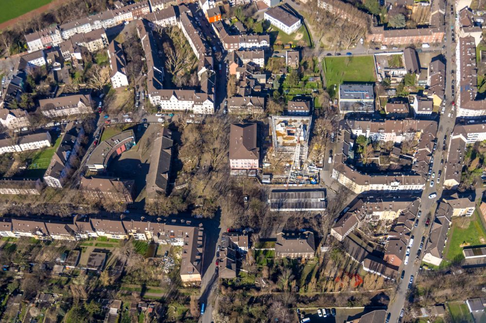 Duisburg from above - Construction site for the new building on the campus at Gillhausenstrasse - Gertrudenstrasse in the district Marxloh in Duisburg at Ruhrgebiet in the state North Rhine-Westphalia, Germany