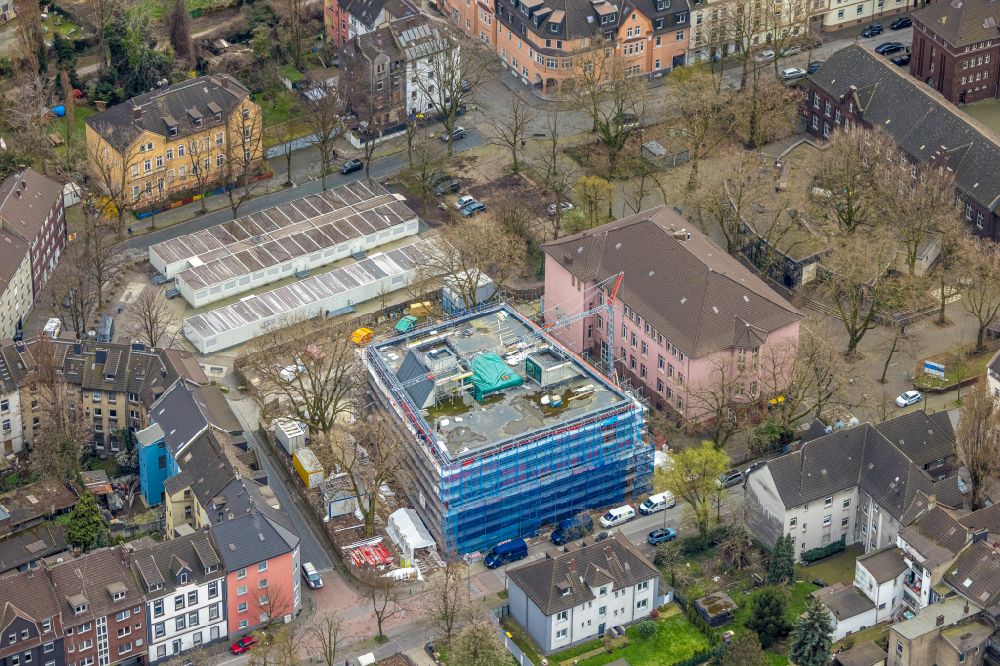 Duisburg from above - Construction site for the new building on the campus at Gillhausenstrasse - Gertrudenstrasse in the district Marxloh in Duisburg at Ruhrgebiet in the state North Rhine-Westphalia, Germany