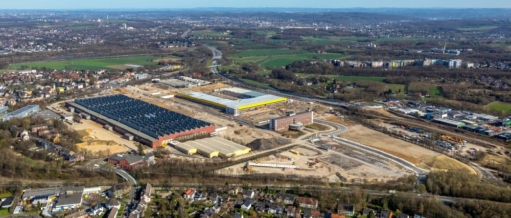 Bochum from the bird's eye view: Construction site to build a new building complex on the site of the logistics center in the development area MARK 51A?7 in Bochum in the state North Rhine-Westphalia, Germany
