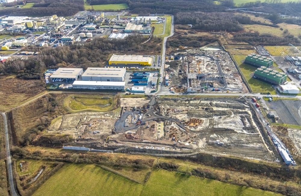 Hamm from above - Construction site to build a new building complex on the site of the logistics center and Distribution Park in the district Uentrop in Hamm in the state North Rhine-Westphalia, Germany