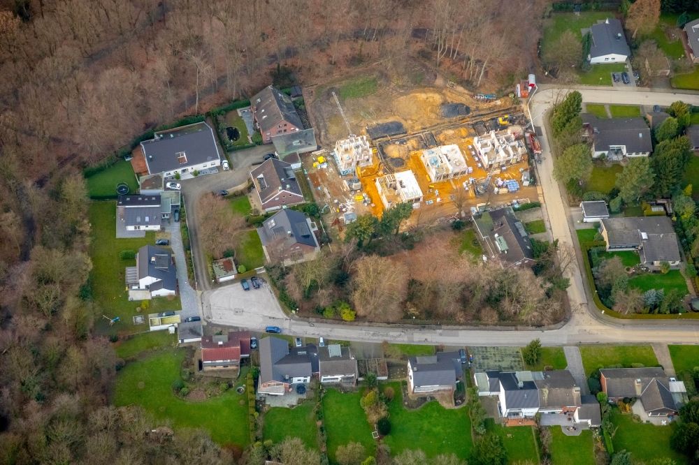 Gladbeck from above - Construction site for the construction of semi-detached houses on Blommsweg in Gladbeck in the state of North Rhine-Westphalia, Germany