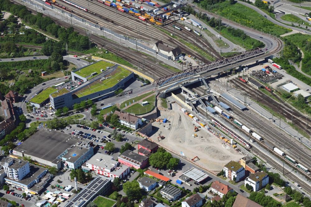 Weil am Rhein from above - New construction of the building complex of the shopping center Dreilaendergalerie at the Peace Bridge and the railway station in Weil am Rhein in the state Baden-Wurttemberg, Germany