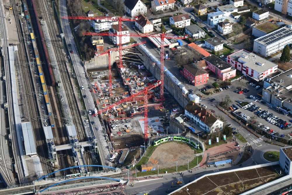 Aerial image Weil am Rhein - New construction of the building complex of the shopping center Dreilaendergalerie at the Peace Bridge and the railway station in Weil am Rhein in the state Baden-Wurttemberg, Germany