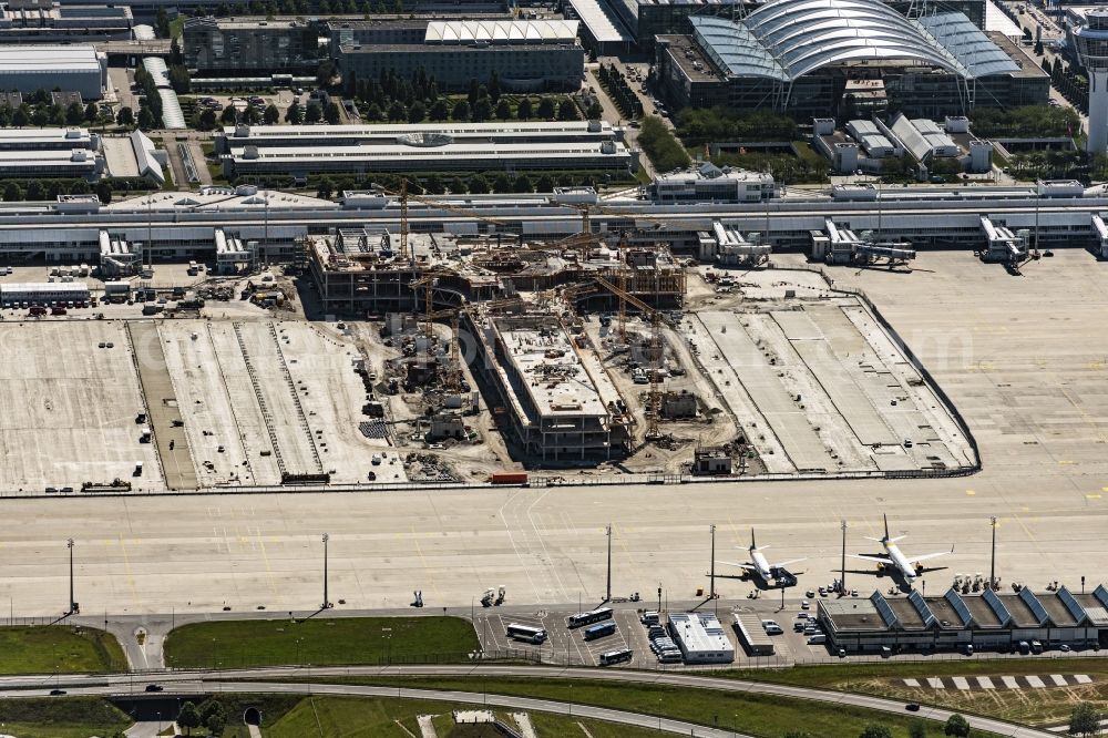 München-Flughafen from the bird's eye view: Construction site for the new building Erweiterung Terminal 1 in Muenchen-Flughafen in the state Bavaria, Germany