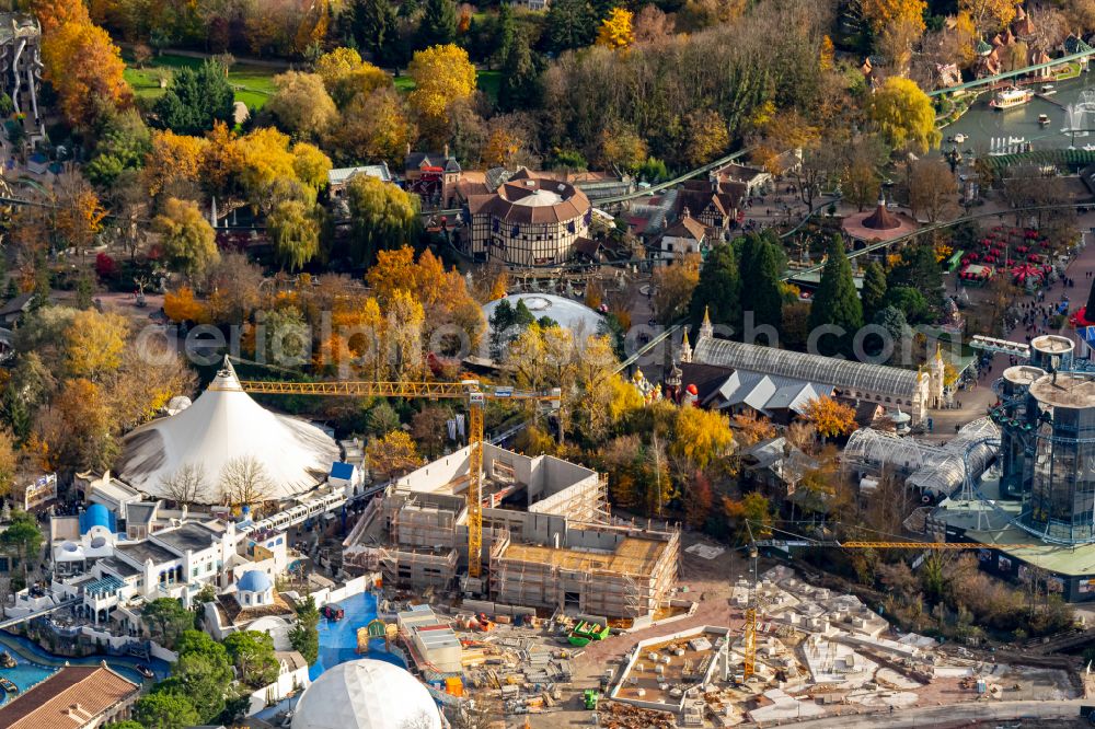 Rust from the bird's eye view: Construction site for the new building eines Event Stadtteil Balkan in Europa-Park Freizeitpark in Rust in the state Baden-Wuerttemberg, Germany