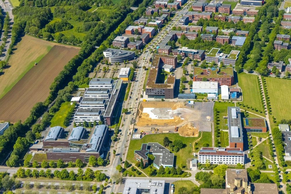 Aerial image Dortmund - Construction site for the new building of a research building and office complex of the ForA?schungsA?zenA?trum CALEDO in the Dortmund Technology Park on Otto-Hahn-Strasse in the district Barop in Dortmund at Ruhrgebiet in the state North Rhine-Westphalia, Germany