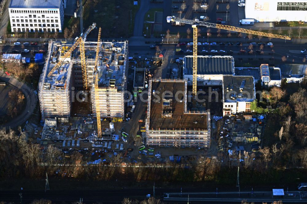 Leipzig from the bird's eye view: Construction site for the new building of a research building and office complex BioSquare Leipzig on street Alte Messe in Leipzig in the state Saxony, Germany