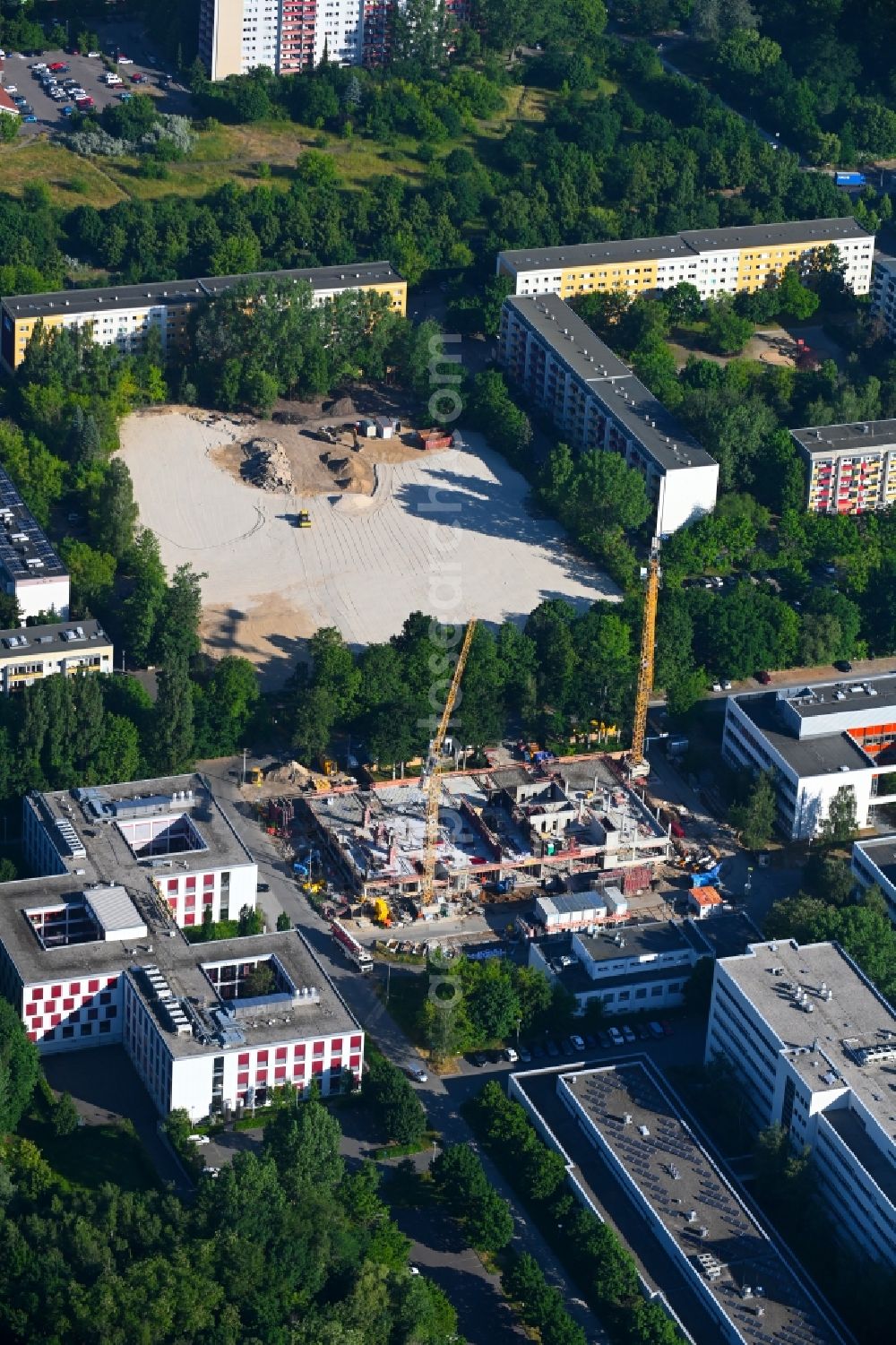 Berlin from the bird's eye view: Construction site for the new building of a research building and office complex at Biotech-Park in the district Buch in Berlin, Germany