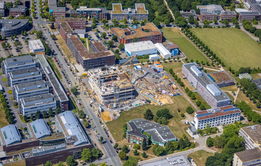 Dortmund from above - Construction site for the new building of a research building and office complex of the Forsschungszentrum CALEDO in the Dortmund Technology Park on Otto-Hahn-Strasse in the district Barop in Dortmund at Ruhrgebiet in the state North Rhine-Westphalia, Germany