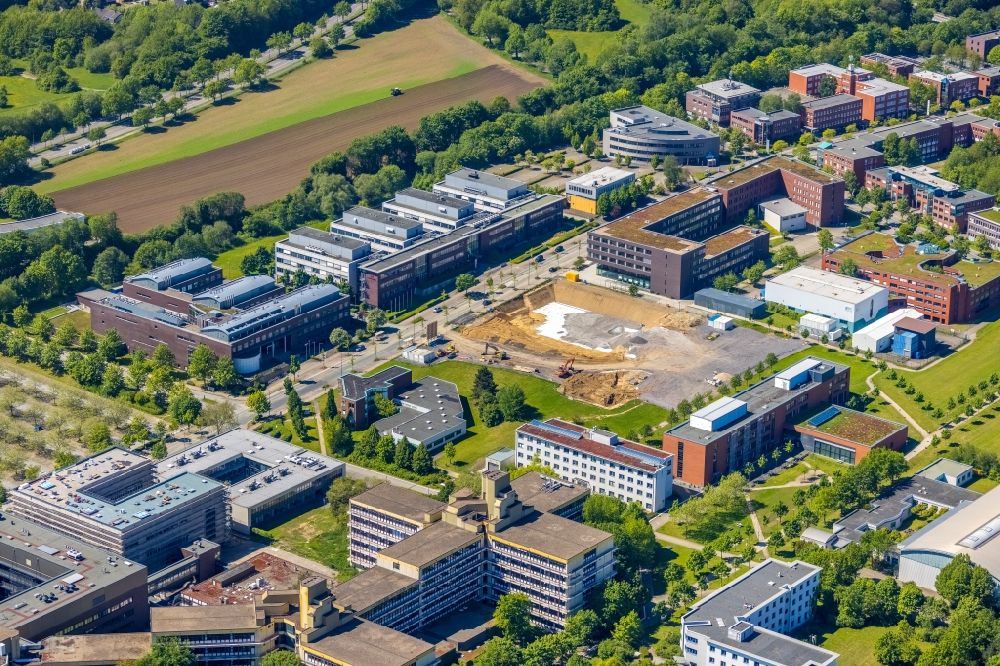 Dortmund from above - Construction site for the new building of a research building and office complex of the ForA?schungsA?zenA?trum CALEDO in the Dortmund Technology Park on Otto-Hahn-Strasse in the district Barop in Dortmund at Ruhrgebiet in the state North Rhine-Westphalia, Germany