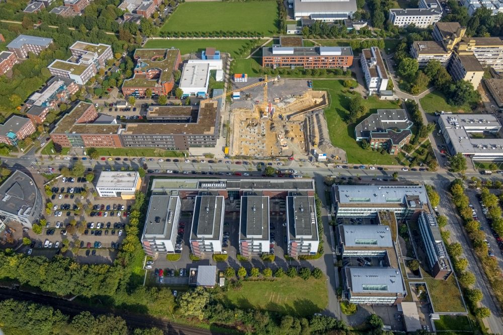 Aerial image Dortmund - Construction site for the new building of a research building and office complex of the Forschungszentrum CALEDO in the Dortmund Technology Park on Otto-Hahn-Strasse in the district Barop in Dortmund at Ruhrgebiet in the state North Rhine-Westphalia, Germany