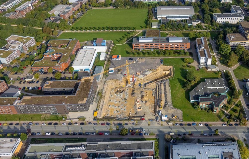 Aerial photograph Dortmund - Construction site for the new building of a research building and office complex of the Forschungszentrum CALEDO in the Dortmund Technology Park on Otto-Hahn-Strasse in the district Barop in Dortmund at Ruhrgebiet in the state North Rhine-Westphalia, Germany