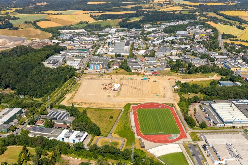 Aerial photograph Velbert - Construction site for the new building eines Fussballstadion on Industriestrasse in Velbert in the state North Rhine-Westphalia, Germany