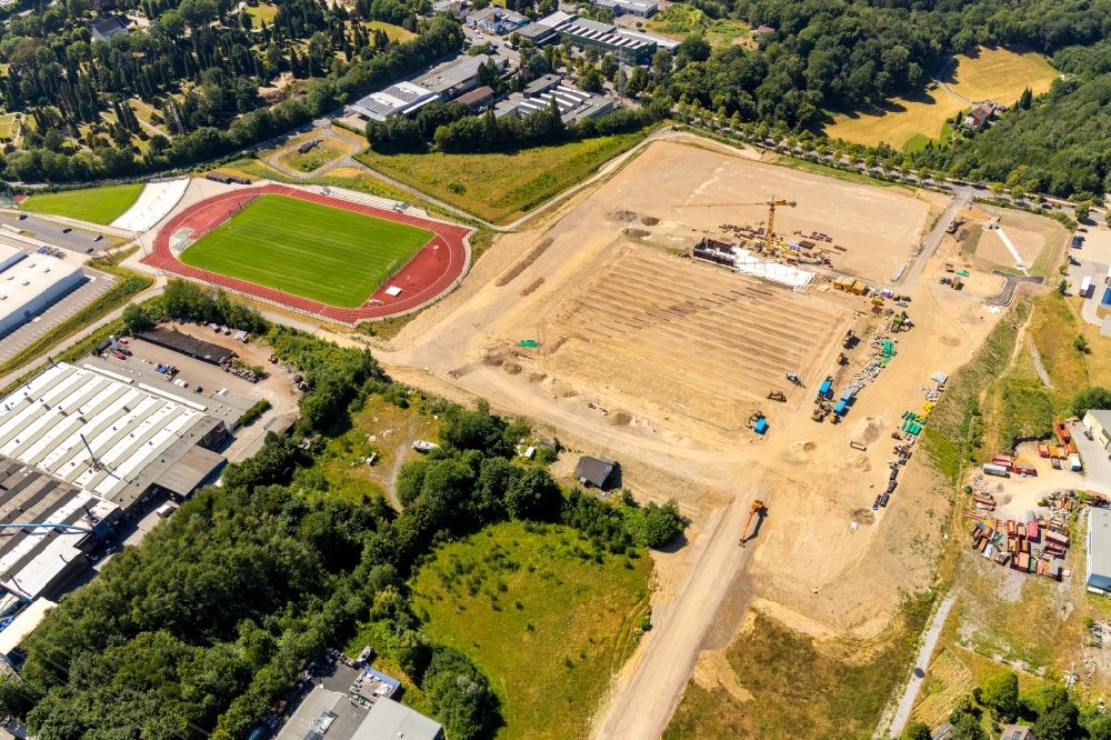 Aerial image Velbert - Construction site for the new building eines Fussballstadion on Industriestrasse in Velbert in the state North Rhine-Westphalia, Germany