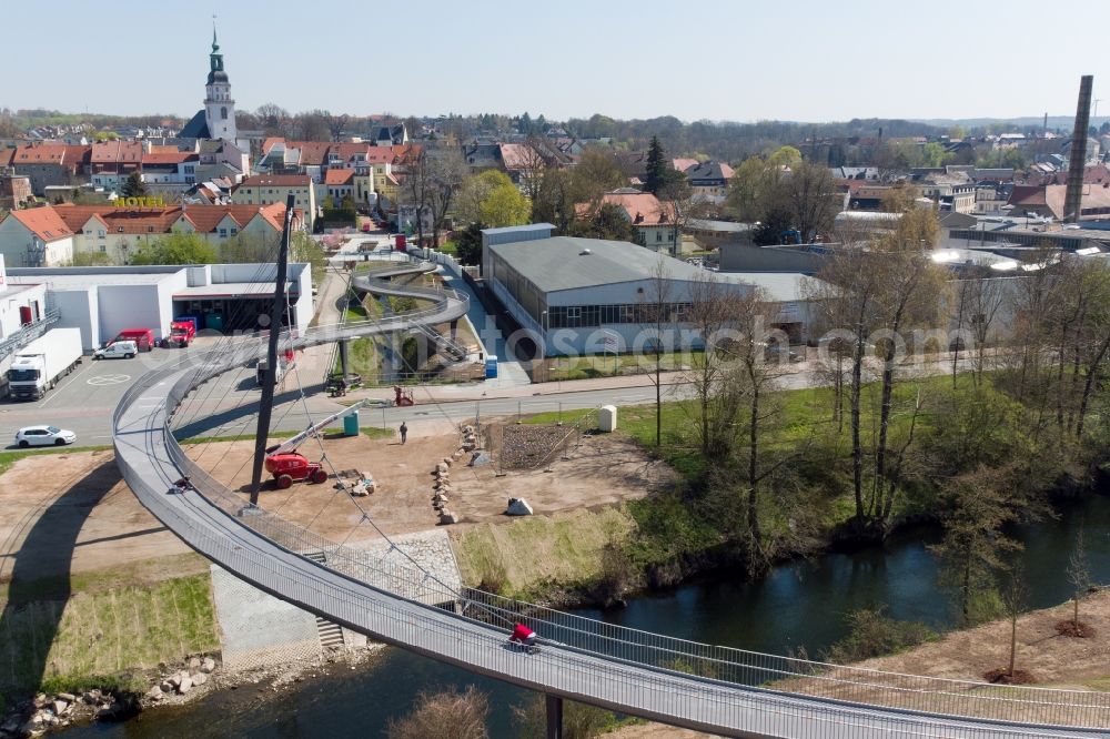 Aerial image Frankenberg/Sa. - Construction site for the new construction of the bicycle and pedestrian bridges about the Ufer of Flussverlaufes of Zschopau in Frankenberg/Sa. in the state Saxony, Germany