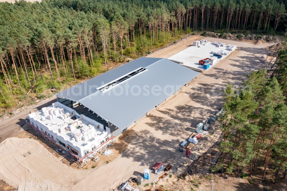 Eberswalde from above - Construction site for new construction building of the construction market DWF - Dach-Wand-Fassade in Eberswalde in the state Brandenburg, Germany
