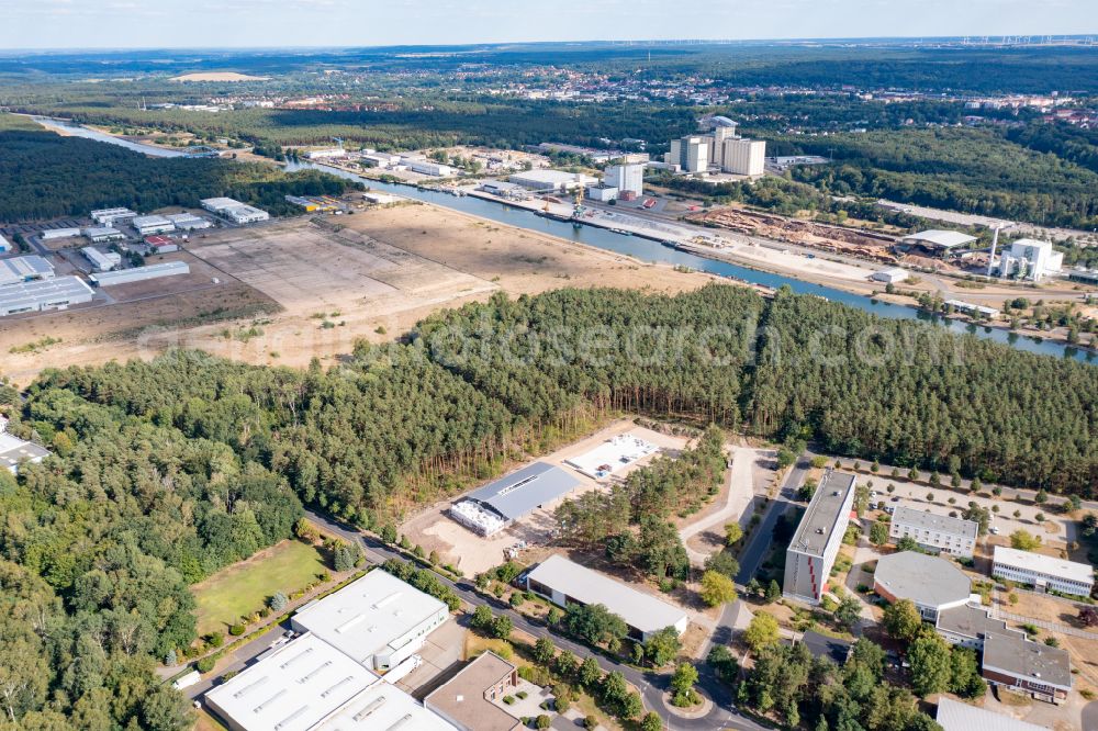 Aerial image Eberswalde - Construction site for new construction building of the construction market DWF - Dach-Wand-Fassade in Eberswalde in the state Brandenburg, Germany
