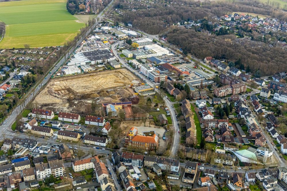 Gladbeck from above - Construction site for new construction building of the construction market on the grounds of the formerly sports ground between Konrad-Adenauer-Allee and Krusenkamp in Gladbeck in the state North Rhine-Westphalia, Germany