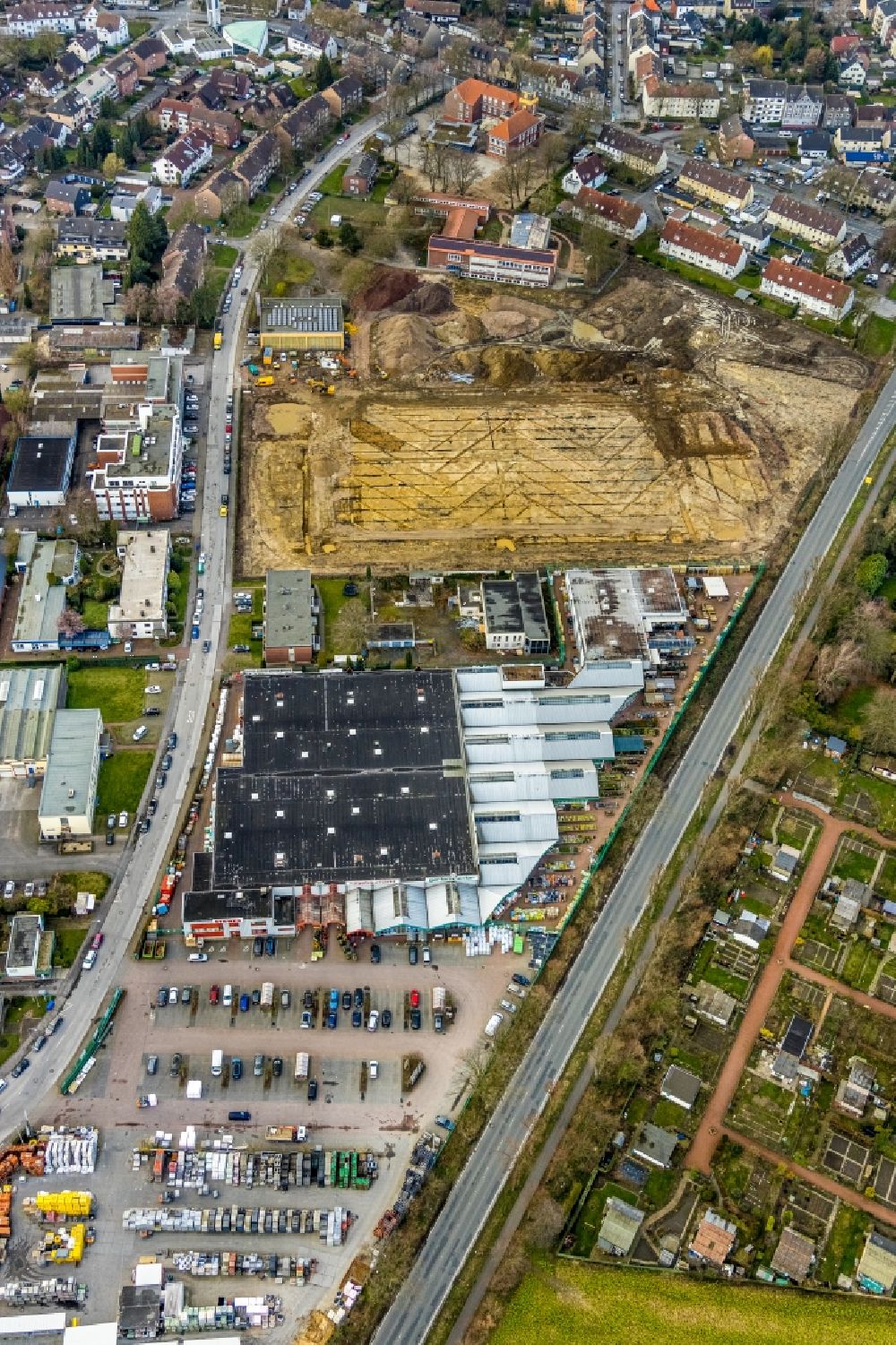 Aerial image Gladbeck - Construction site for new construction building of the construction market on the grounds of the formerly sports ground between Konrad-Adenauer-Allee and Krusenkamp in Gladbeck in the state North Rhine-Westphalia, Germany