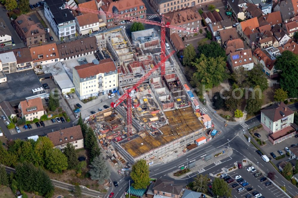 Aerial image Lohr am Main - New construction of the building complex of the shopping center Alfred-Stumpf-Passage on LudA?wigA?straA?sse and IgA?naA?tiA?us-TaA?schA?ner-StraA?sse in Lohr am Main in the state Bavaria, Germany