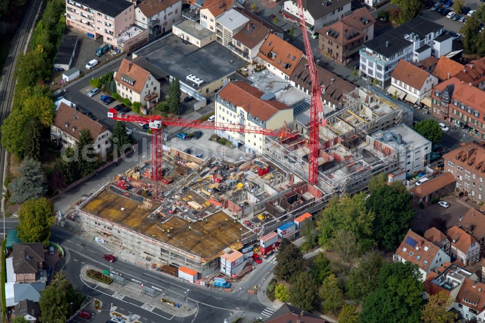 Aerial photograph Lohr am Main - New construction of the building complex of the shopping center Alfred-Stumpf-Passage on LudA?wigA?straA?sse and IgA?naA?tiA?us-TaA?schA?ner-StraA?sse in Lohr am Main in the state Bavaria, Germany