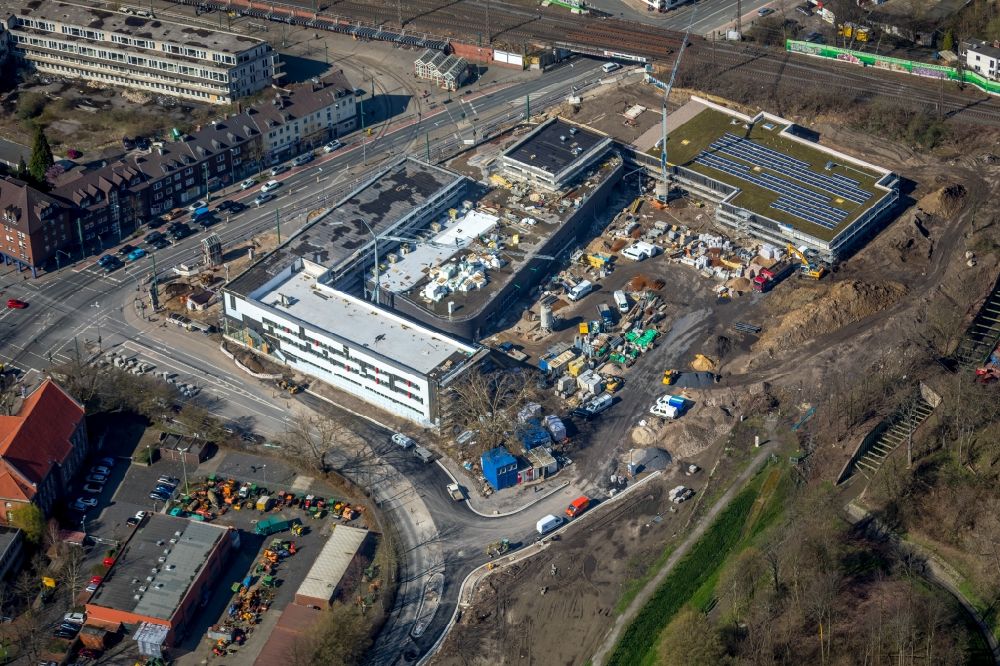 Aerial image Essen - New construction of the building complex of the shopping center Altenessen-Sued-Karree on Altenessener Strasse in Essen in the state North Rhine-Westphalia, Germany