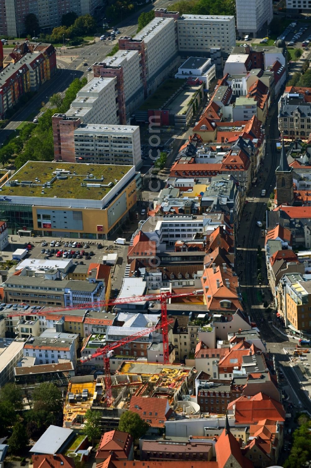Erfurt from above - New construction of the building complex of the shopping center Anger-Passage on Reglermauer in the district Altstadt in Erfurt in the state Thuringia, Germany
