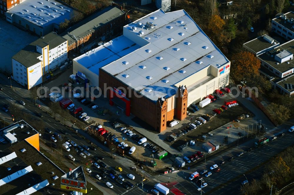 Berlin from above - New construction of the building complex of the shopping center in ehemaligen Fabrikgebaeude of formerly GDR Baerensiegel on Adlergestell corner Glienicker Weg in the district Adlershof in Berlin, Germany