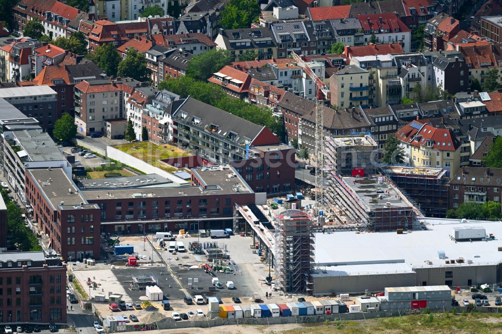 Aerial image Münster - New construction of the building complex of the shopping center Hafenmarkt on street Hansaring in Muenster in the state North Rhine-Westphalia, Germany