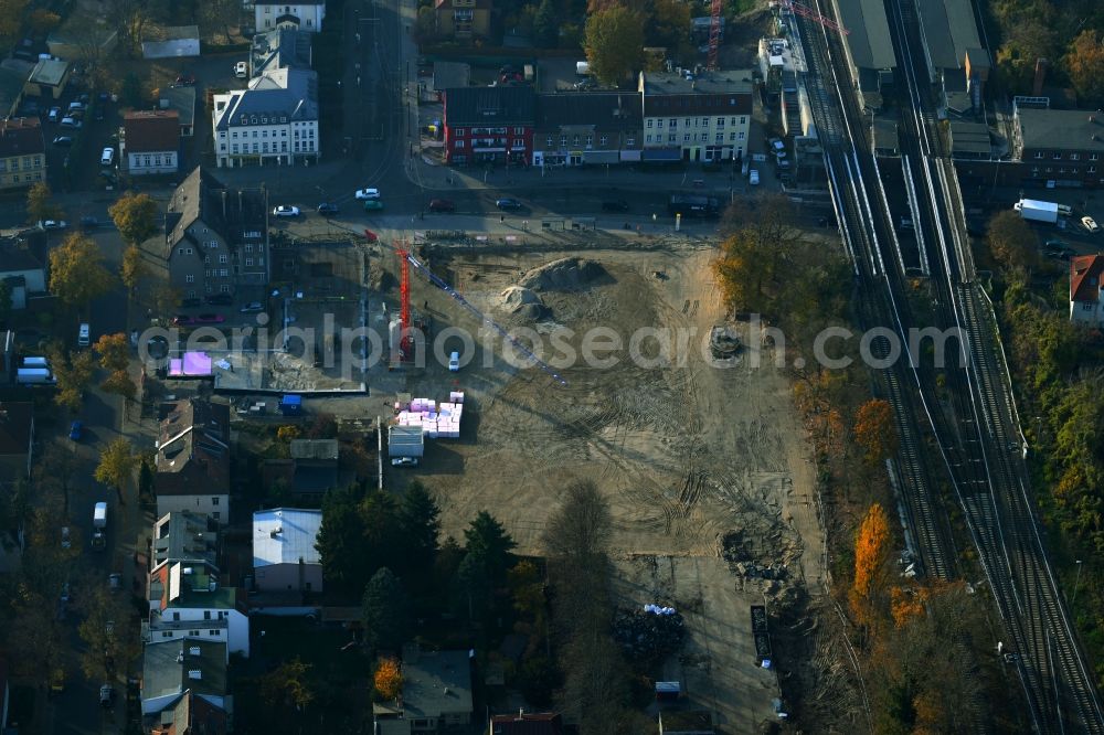 Berlin from above - New construction of the building complex of the shopping center on Hoenower Strasse in the district Mahlsdorf in Berlin, Germany