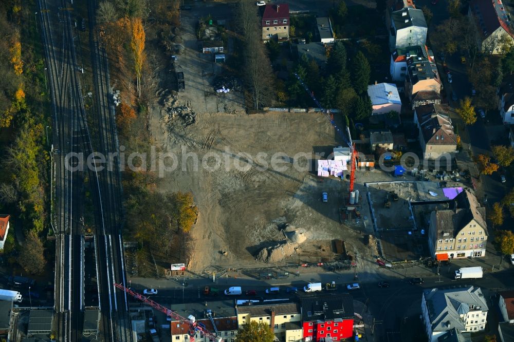 Berlin from above - New construction of the building complex of the shopping center on Hoenower Strasse in the district Mahlsdorf in Berlin, Germany